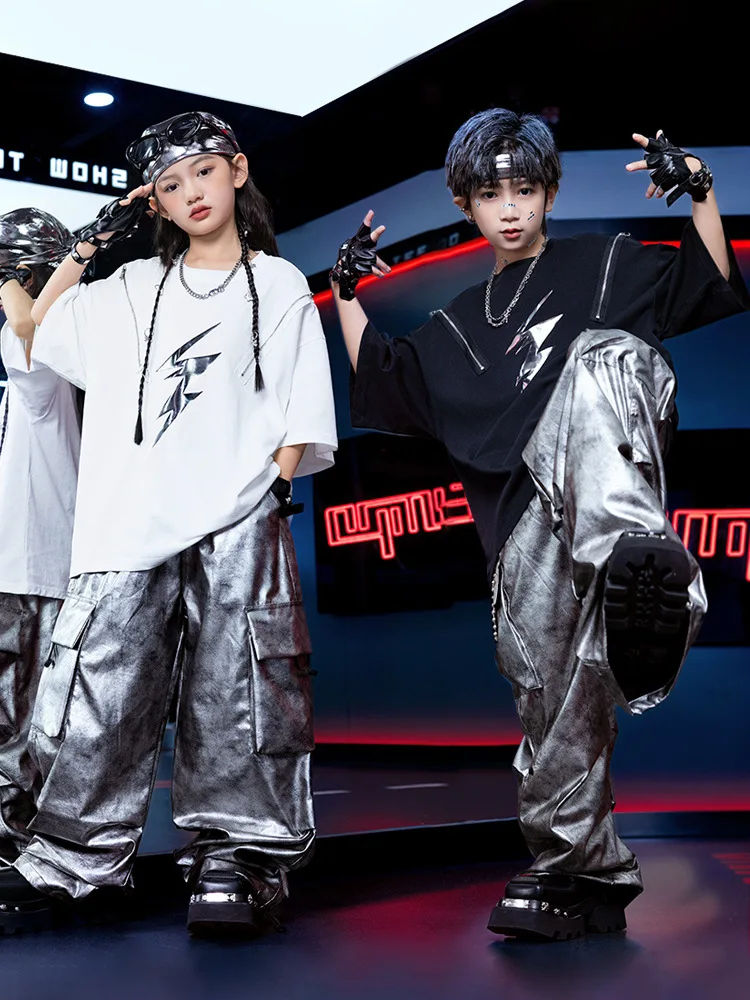 Kid Hip Hop Clothing White Black Zipper T Shirt Silver Tie Dye Parachute Cargo Pants Shorts for Girl Boy Dance Costumes Clothes