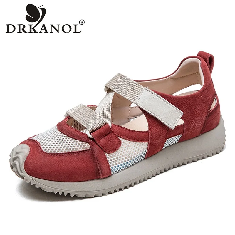 

DRKANOL Summer Breathable Air Mesh Shoes Round Toe Genuine Cow Leather Comfort Flat Shoes Ladies Mixed Colors Casual Sneakers