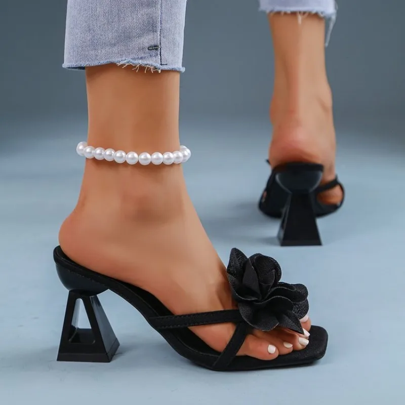 Womens 3D Flower Decor Sandals Triangular Cutout High Heel Sandals Crisscross Straps Open Toe Sexy Party Dress Summer Heel Shoe - view 5