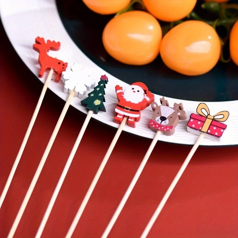 50/100 Stück festliche Weihnachts-Obstspieße mit Weihnachtsmann-, Schneeflocken- und Baumdesigns – Einweg-Bambusspieße für Partys, Desser – Detail 6