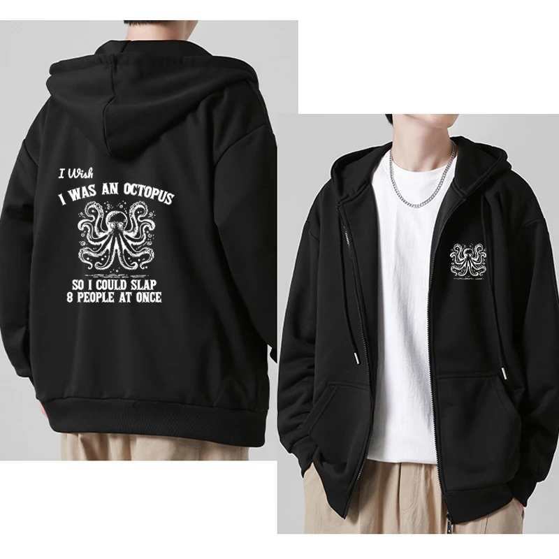 

Wish I Was An Octopus Double Sided Printed Zipper Pullover Men Woman Funny Sea Animal Graphic Jacket vintage Fleece Coat Unisex