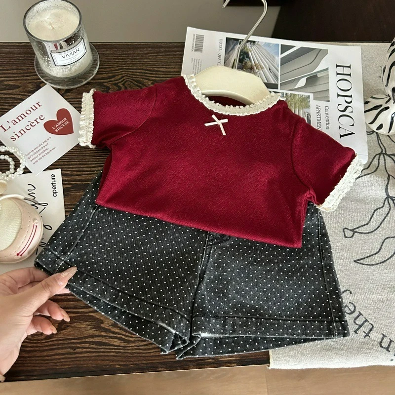 Girls Clothing Sets Girls Lace Short Sleeved T-shirt Paneled Tee & Polka Dot Denim Shorts Set Summer 2 Piece Outfit Kids Fashion
