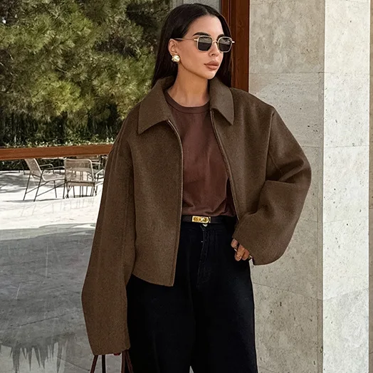 

Autumn Winter New Lapel Long Sleeve Zipper Woolen Coat 2026 European American Cross-Border Fashion Loose Casual Women's Jacket