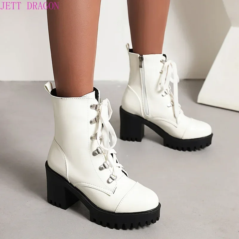 Lace Up Sexy Women\'s Boot Winter Fashion Platform Boots Punk High Heels Black White Red Ankle Boots Autumn Rubber Shoes Women