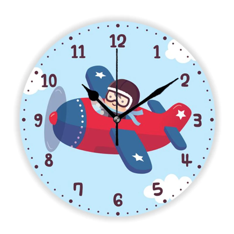 Cute Aviator Pilot in Flying Airplane Round Wall Clock Watch for Boy Bedroom Decor Kid Baby Nursary Wall Clock Big Birthday Gift