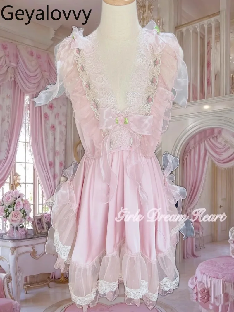 Feito à mão retro tribunal estilo bordado renda malha arco vestidos verão doce meninas cintura alta cetim com decote em v suspender vestido curto