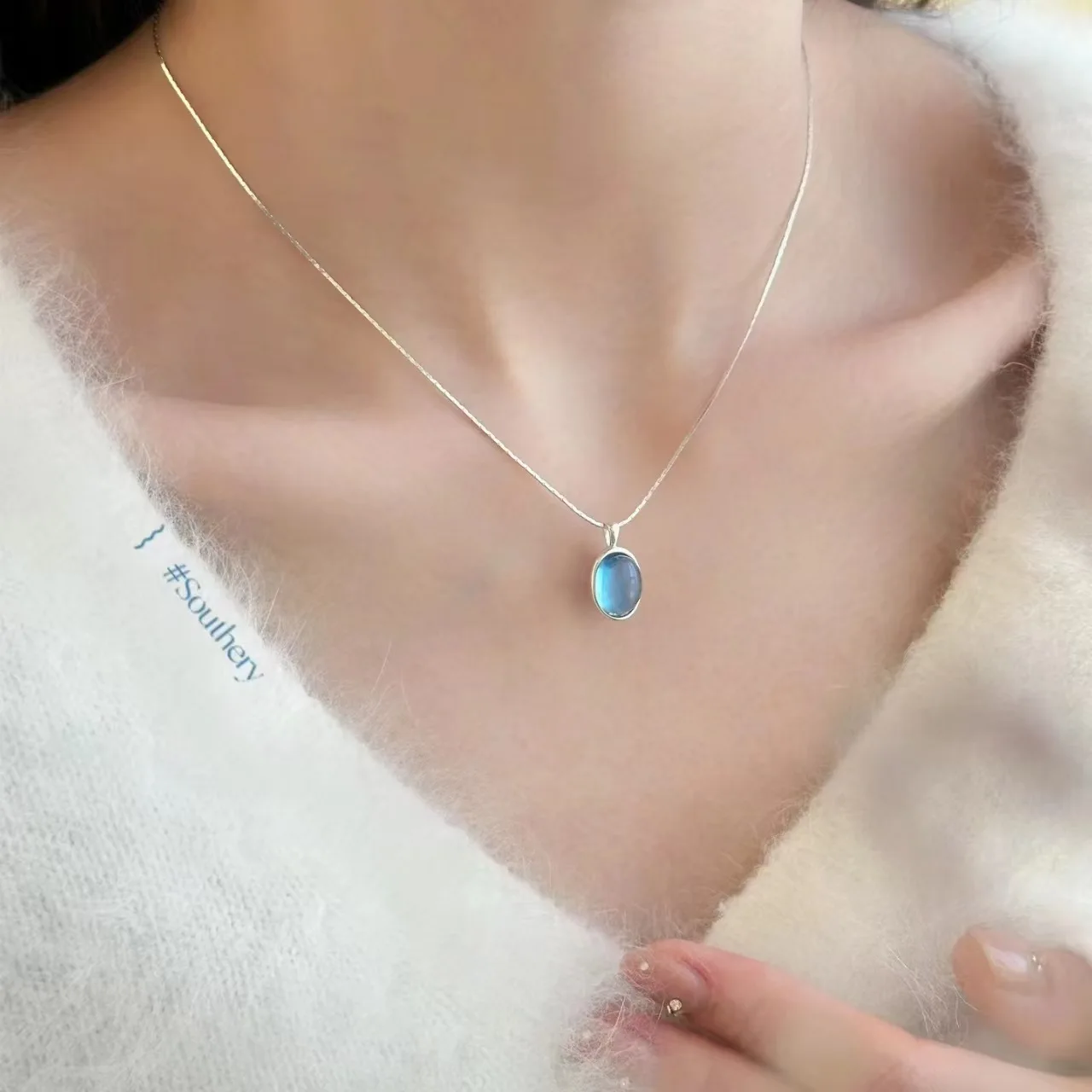 925 Niche Design Trendy Ocean Blue Moonstone Women's Necklace Versatile Oval Accessory