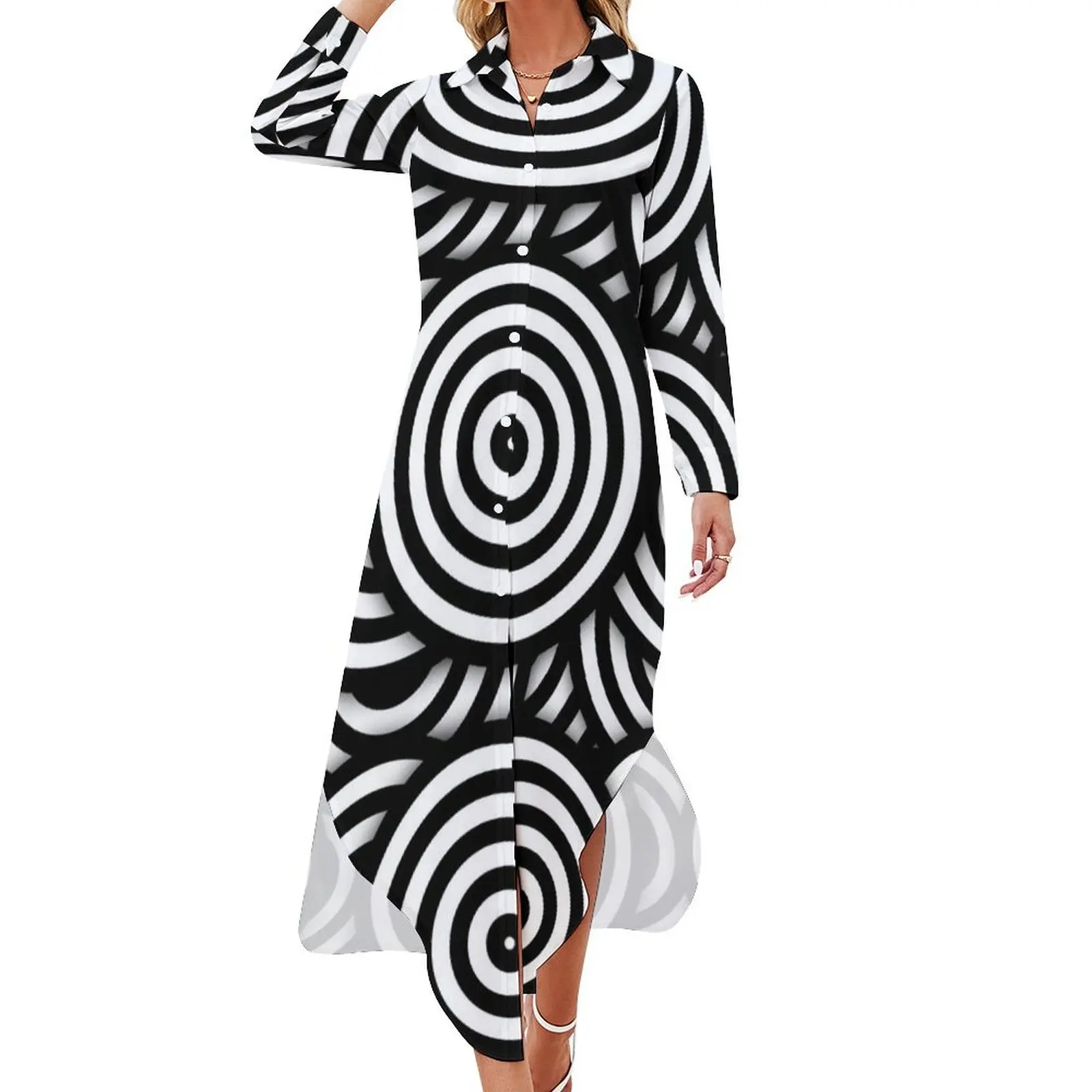 

Retro Black White Circles Op Art Long Sleeved Shirt Dress ladies dresses for special occasion Women's dresses summer clothes