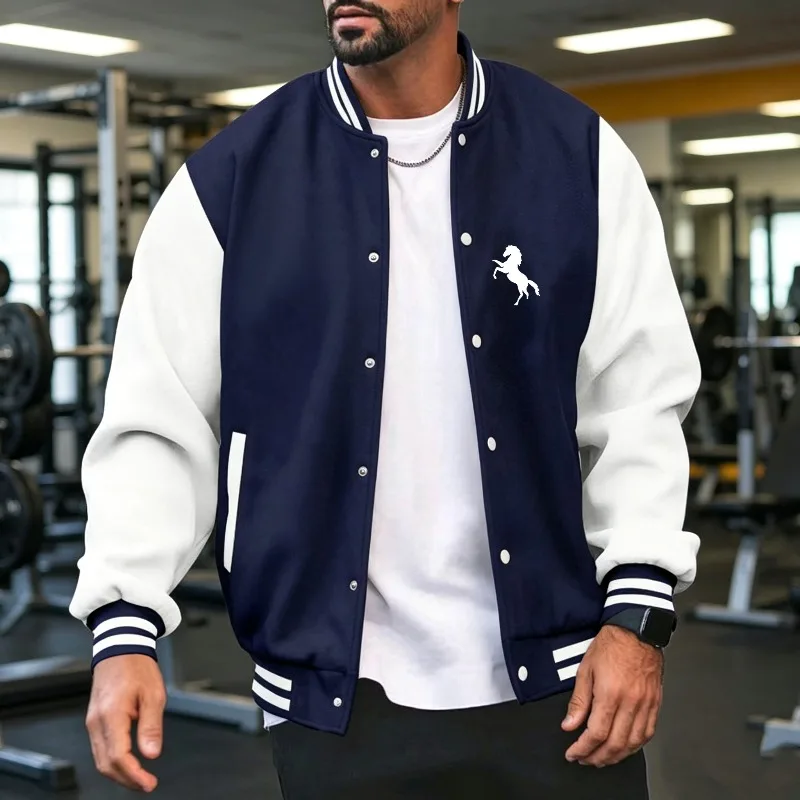 Men Color Block Baseball Jacket Ribbed Cuff Long Sleeve Button Varsity Coat   Fit Casual  Daily Outerwear For Sports GymS-3XL