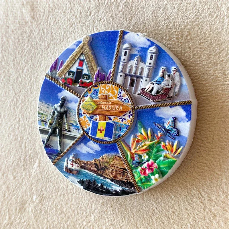 1pc, Madeira Islands travel souvenirs Home decor items Round crafts gifts, architectural landmarks 3D stereo refrigerator magnet