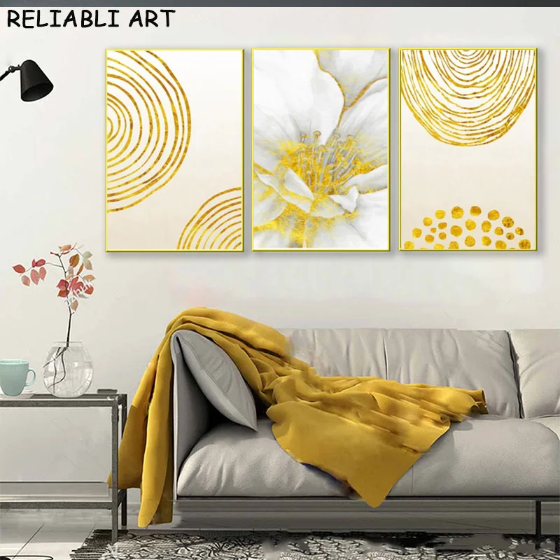 White Yellow Flower Poster and Prints Modern Abstract Line 3 Panels Canvas Painting Wall Art for Living Room Home Decor No Frame