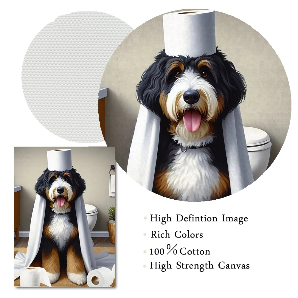 Funny Animals Dog in Bath Reading a Newspaper Prints Bernedoodle Toilet Paper Roll Wall Decor Pictures Bathroom Wall Posters