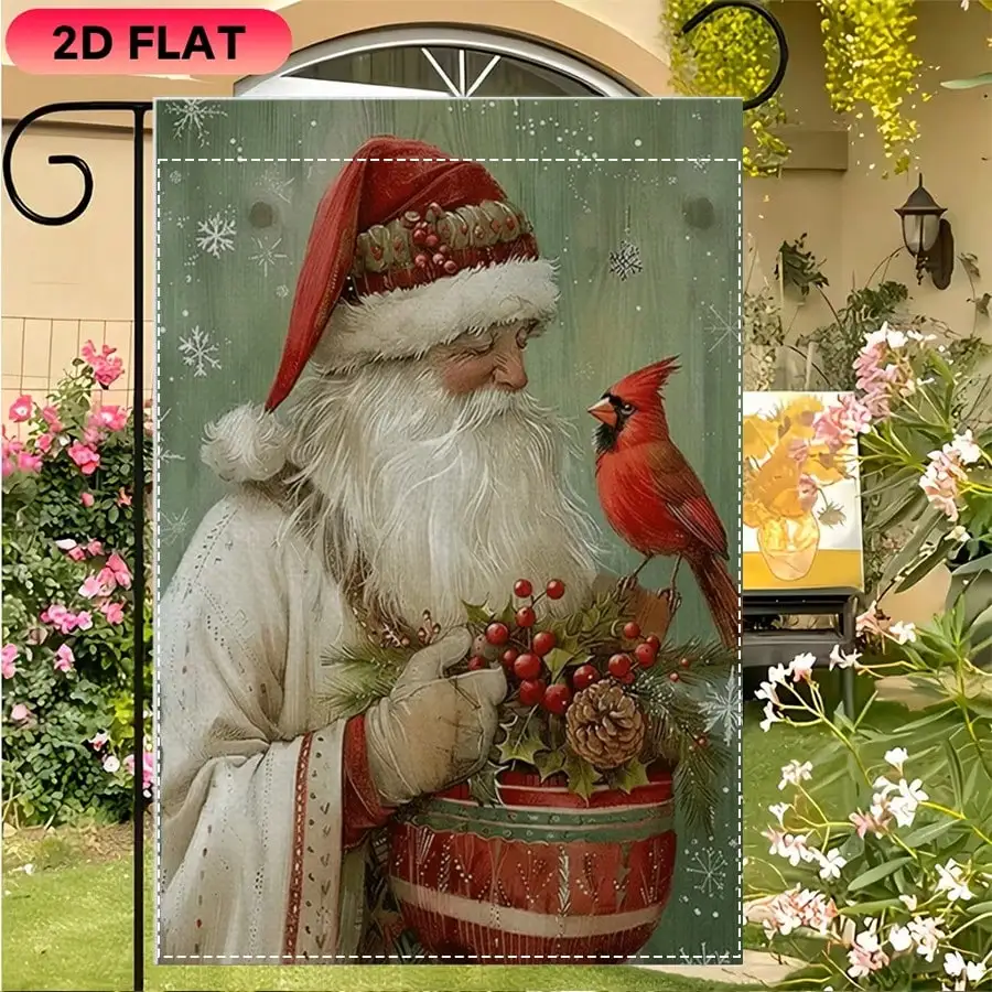 

1pc Vintage Christmas Garden Flag with Santa and Red Cardinal Bird, Outdoor Holiday Yard Decoration, Seasonal Home Garden Ornament, Festive Winter