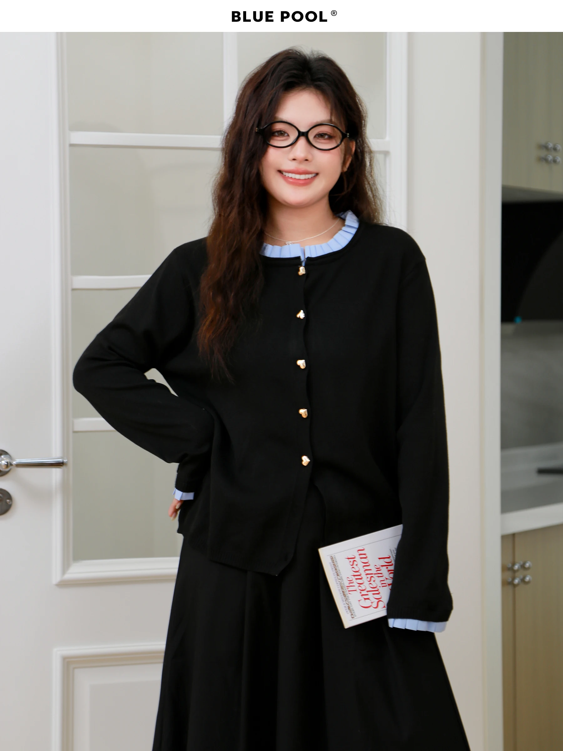 

BluePool plus Size Knitted Cardigan Women's Autumn Faion Slimming Meat Concealing Color Blo Wood ain Sweater Coat