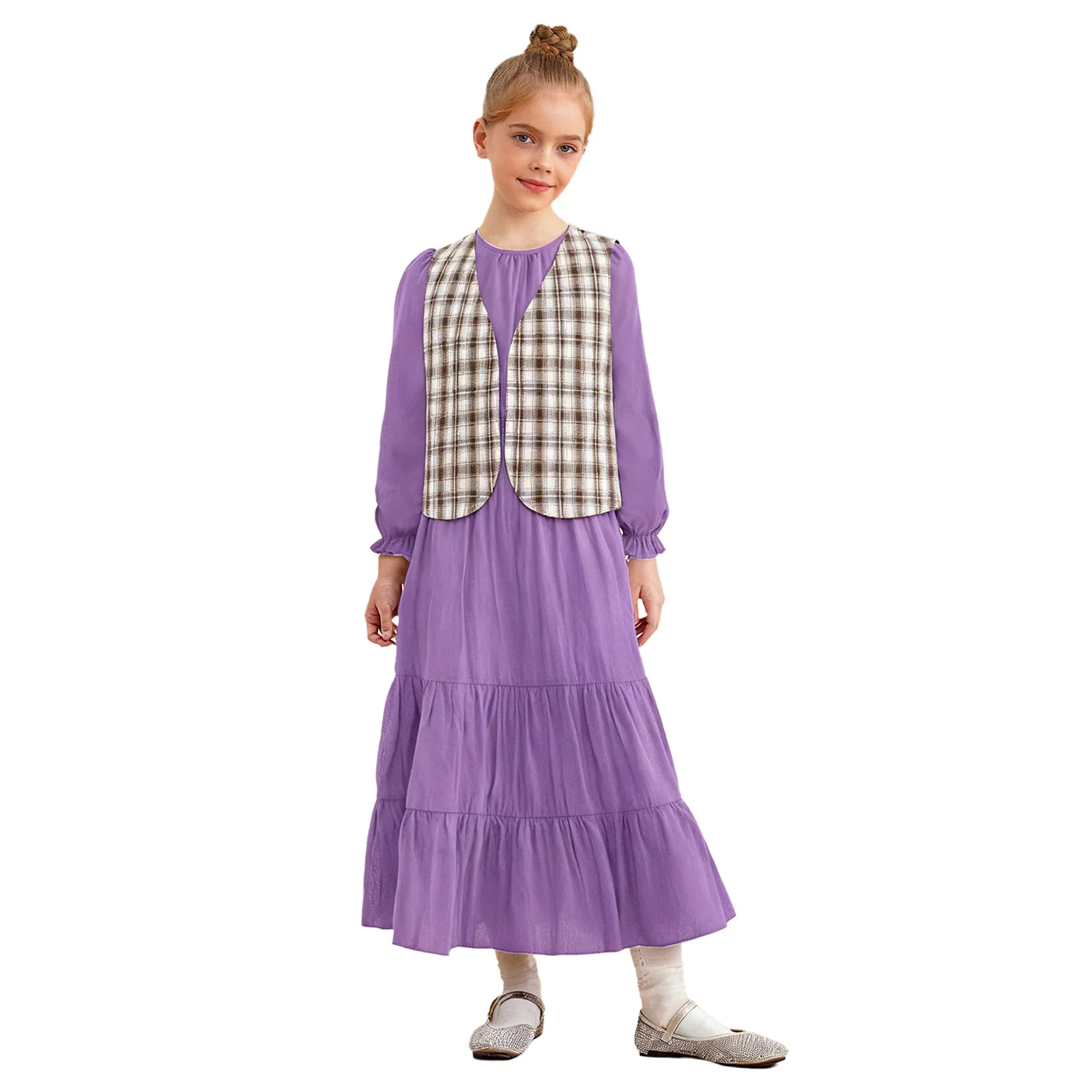 

Kids Girls Dress 2Pcs Long Puff Sleeves Smocked Waist Tiered Ruffled Dress+Plaid Checkers Vest Open Waistcoat for Birthday Party