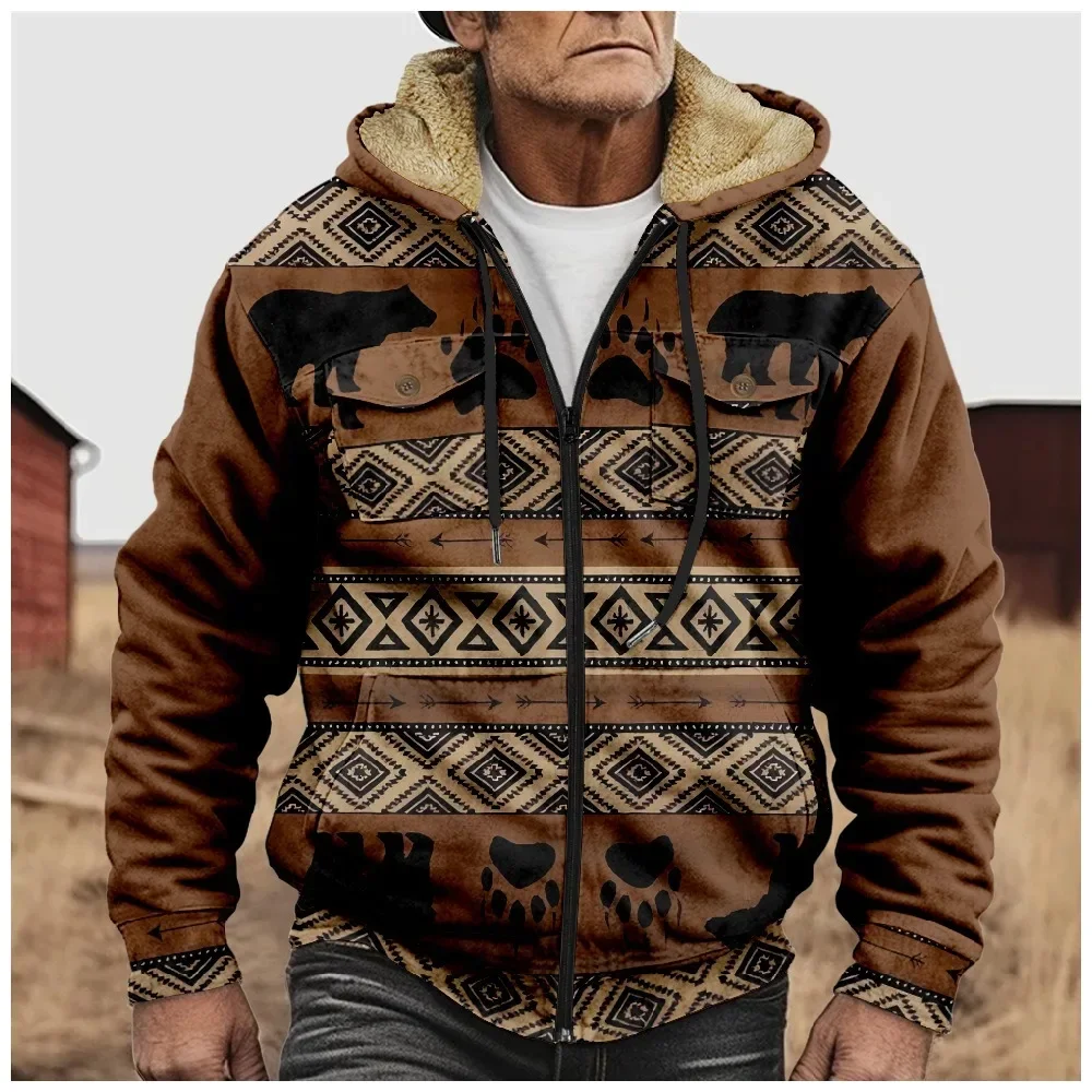 Men Winter Jackets Coats Geometric Retro Aztecs Cardigans Printed Art Graphics Plush Thick Hunting Streetwear Casual Clothing