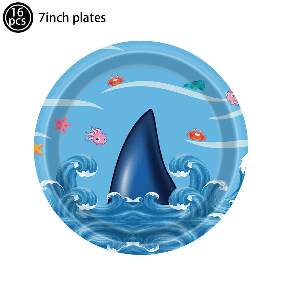 Shark Party Supplies Set Disposable Tableware Shark Plates Napkins Cups and Straws for Boys Kids Birthday Banner Signs Decorate