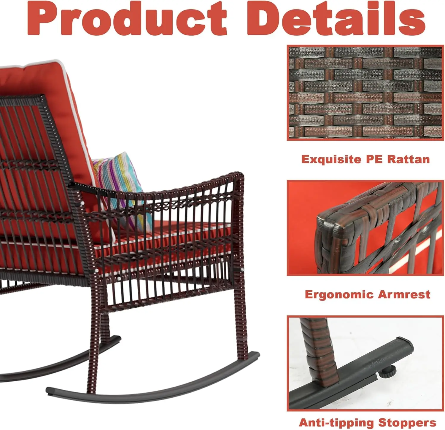 ชุดเฟอร์นิเจอร์หวายสำหรับระเบียง 3 ชิ้น เก้าอี้โยกกลางแจ้ง ชุดโต๊ะกาแฟและเก้าอี้โยกสำหรับระเบียงหน้าบ้าน