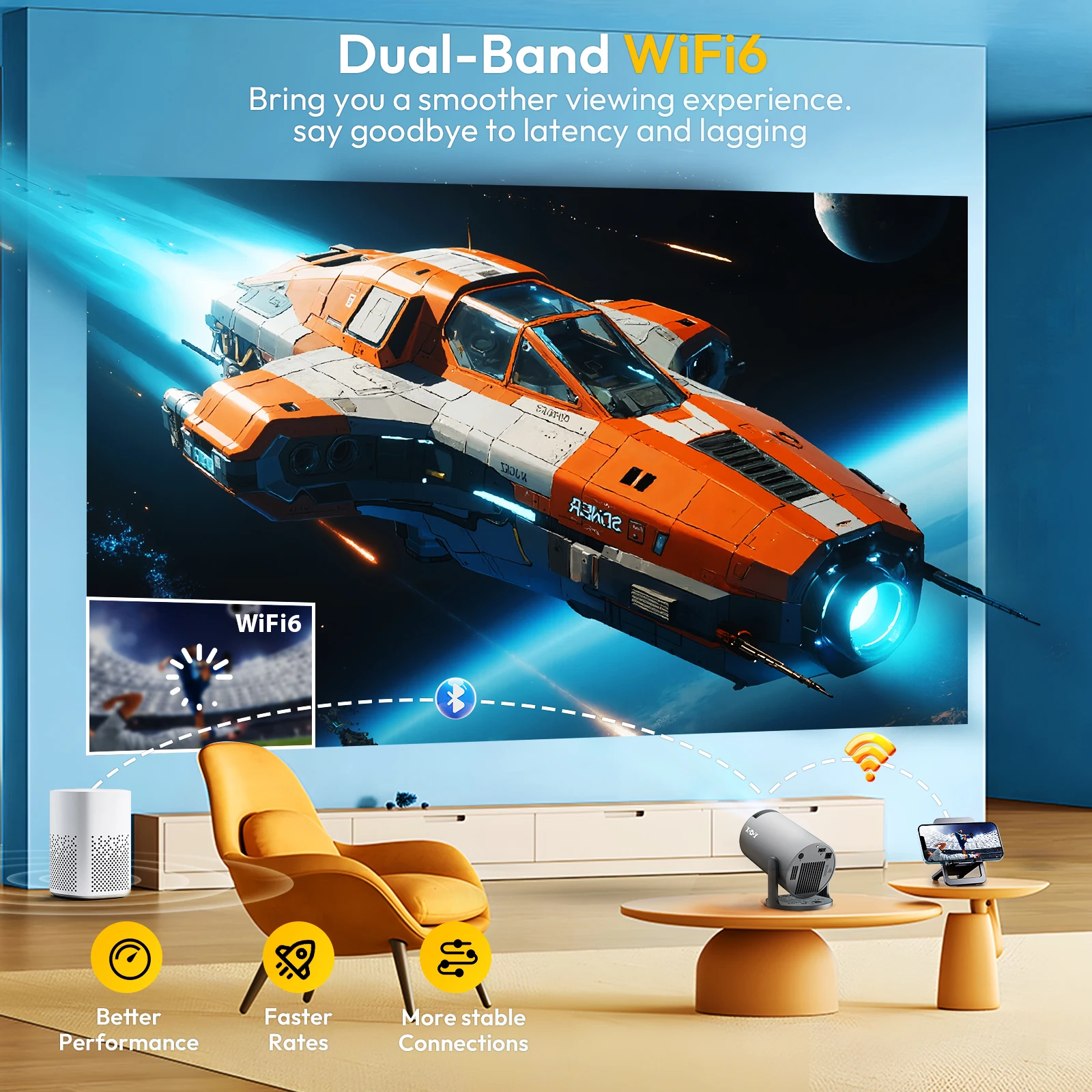 XGODY Proiettore 4K 260 ANSI Mini proiettori portatili a tiro corto Proiettore Android nativo 720P Dual Wifi6 BT5.4 Home Theater