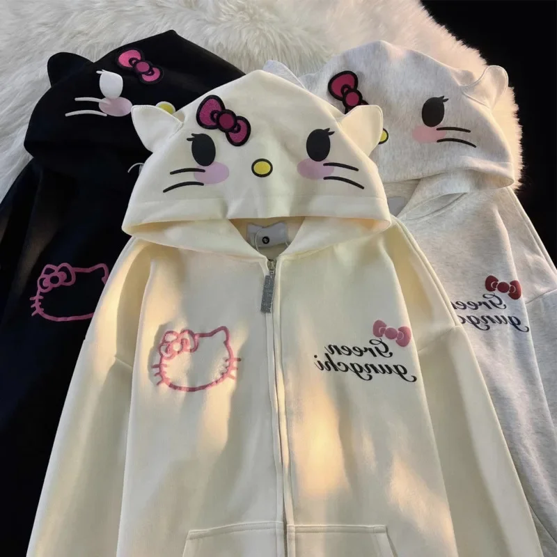 Abrigos de felpa lisos Kawaii Hello Kitty Y2k para mujer, Sudadera con capucha con estampado de Sanrio, abrigos de dibujos animados lindos para