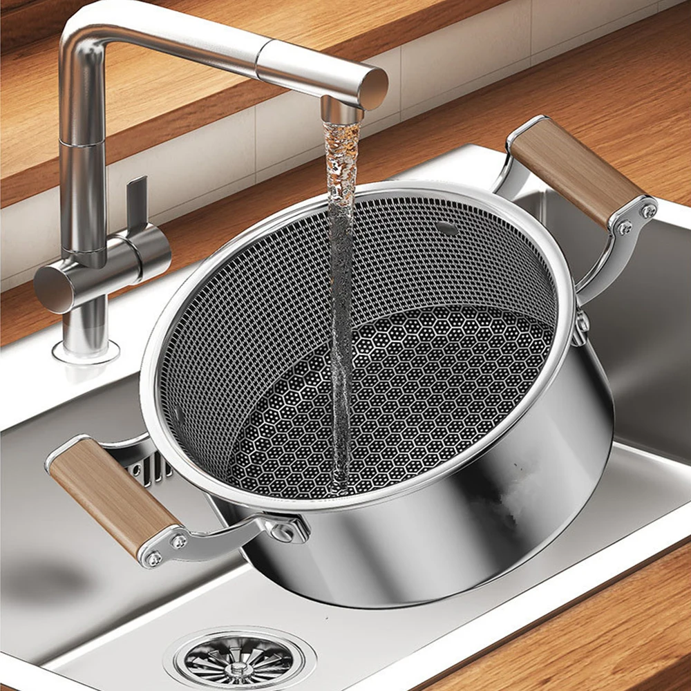 Stainless Steel Soup Pot Wok Honeycomb Non-stick Pot with Lid Frying Pan Home Hot Pot Induction Cooker Gas Stove Universal Pan