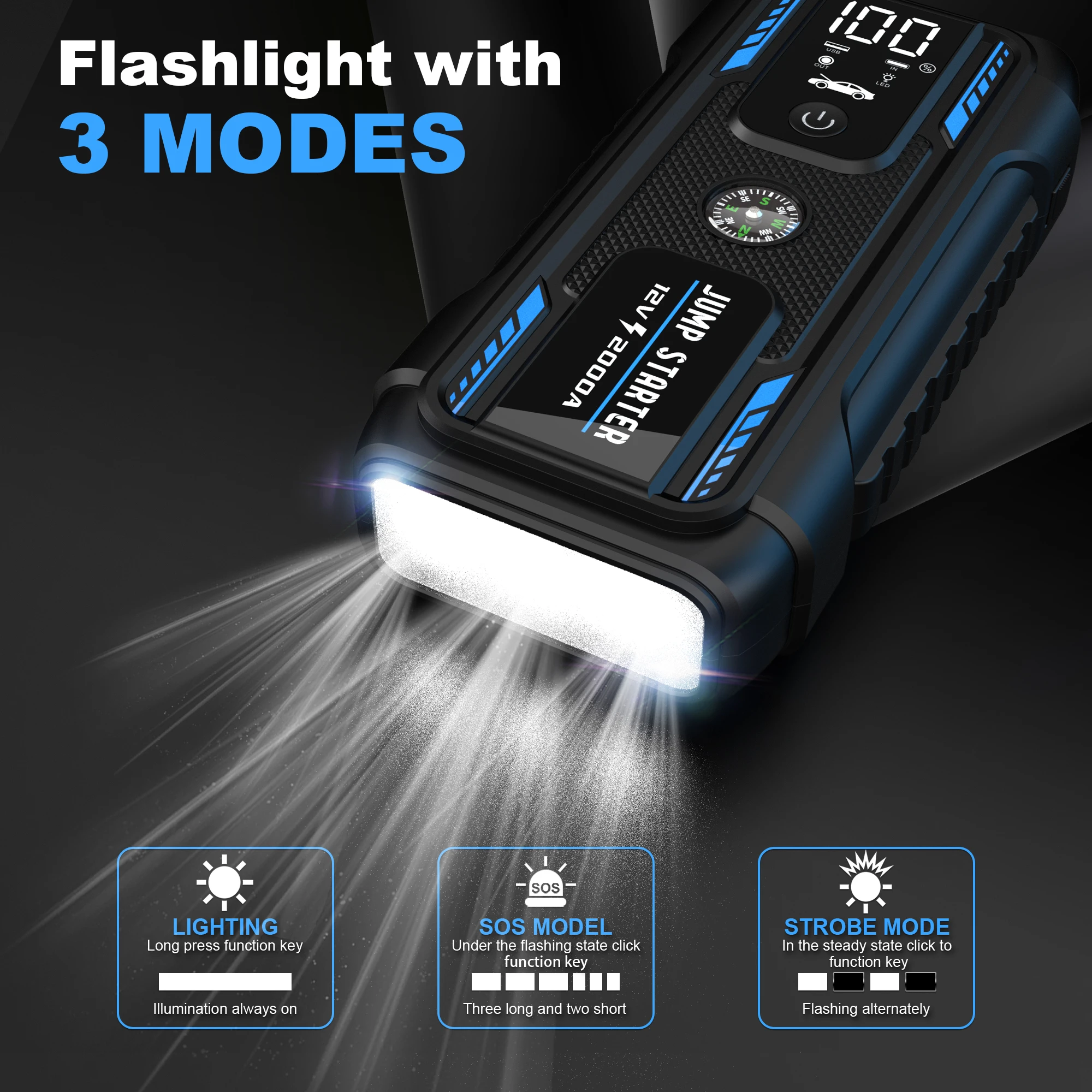 

Car Starting Device 2000A Starting Device Petrol Diesel Car Emergency Booster Power Bank Starting Device Jump Starter 22000mAh