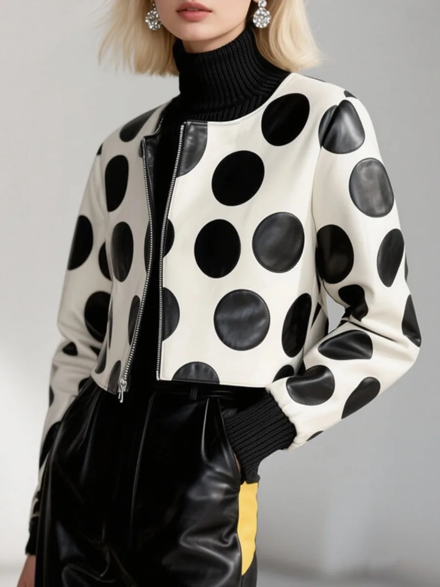 Freeacy Women White Black Polka Dot Faux Leather Jacket Collarless Zip Up Cropped Coat Long Sleeve Retro Casual Party Outerwear