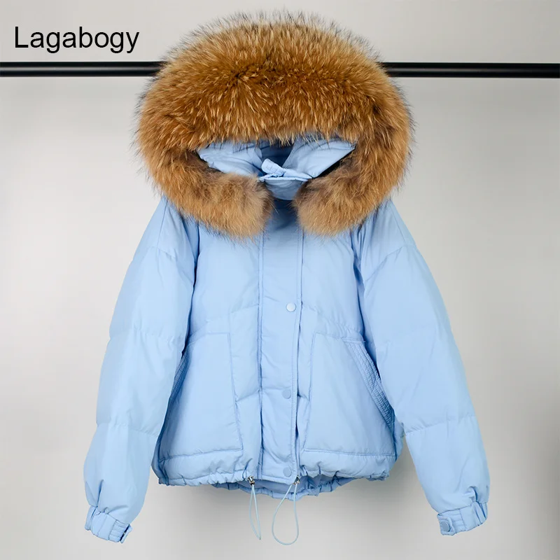 

Puffer White 2023 Jacket Women New Winter Duck Down Coat Female Casual Candy Color Loose Parka Big Real Raccoon Outwear