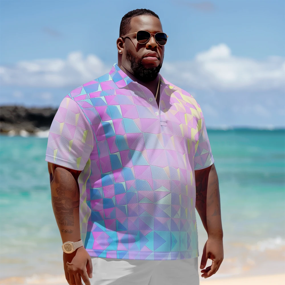 

1 men's plus size polo shirt with summer pink scale print casual lapel button suitable for shopping and golf