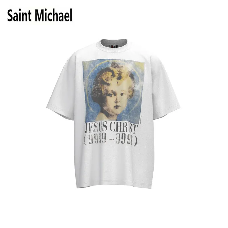 

Saint Michael high-quality parody cartoon character print men's and women's round neck casual loose short sleeved T-shirt summer