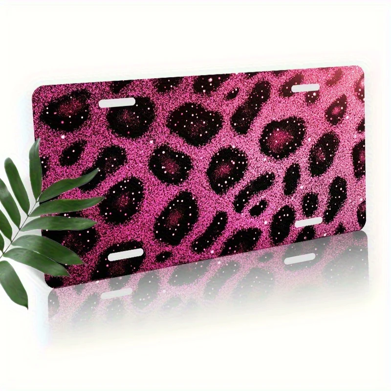 2D Falt, 1PCLicense Plate Frame and Protector, Pink Glitter Leopard Print Used, Waterproof Aluminum License Plate Frame Suitable