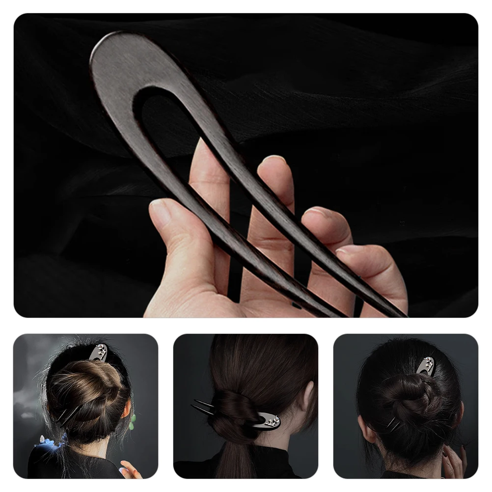 

U Shape Black Ebony Wood Hair Fork For Women Long Thick Hair Buns Styling Tool Hairpins Accessories Elegant Simple Oriental