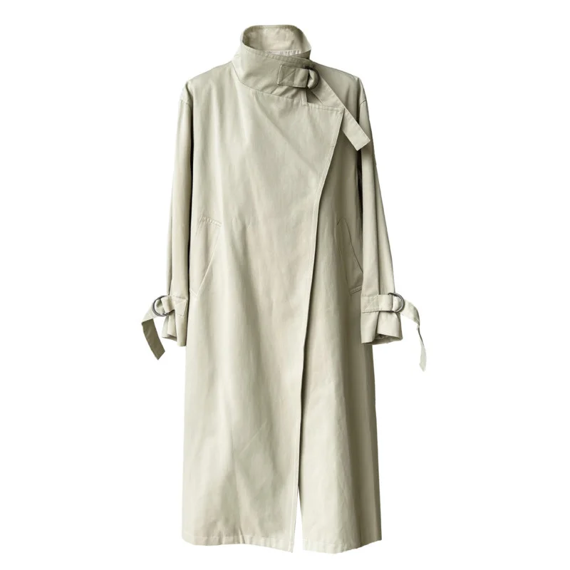 Autumn Stand Collar Long Trench Coat Women Loose Long Sleeve Oversized Over Knee Coat with belt Minimalist