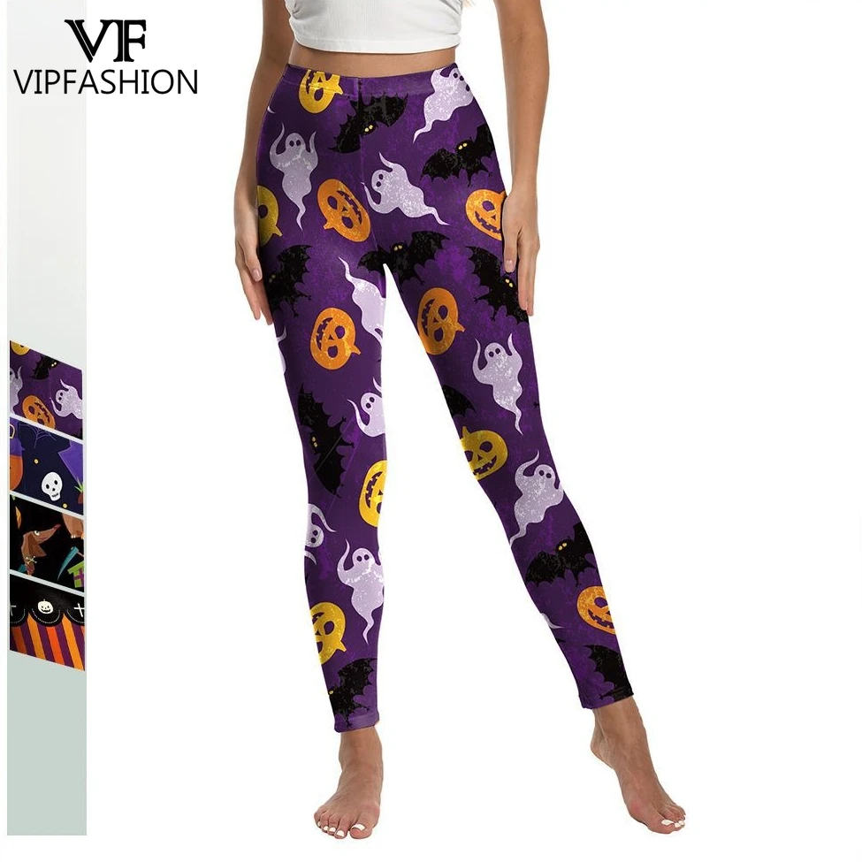 

VIP FASHION Purple Ghost Pumpkin Halloween Leggings Women Cosplay Party Leggings Novelty Pants Gym Fitness Workout Trousers