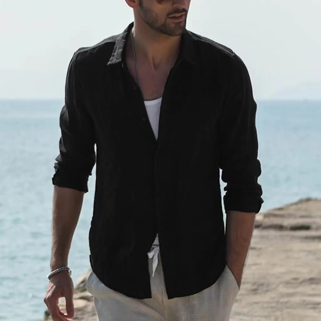 Summer Shirt Beach Cotton Linen Shirts Men Cardigan Tops Long Sleeved Turn Down Collar Slim Fit Large Size