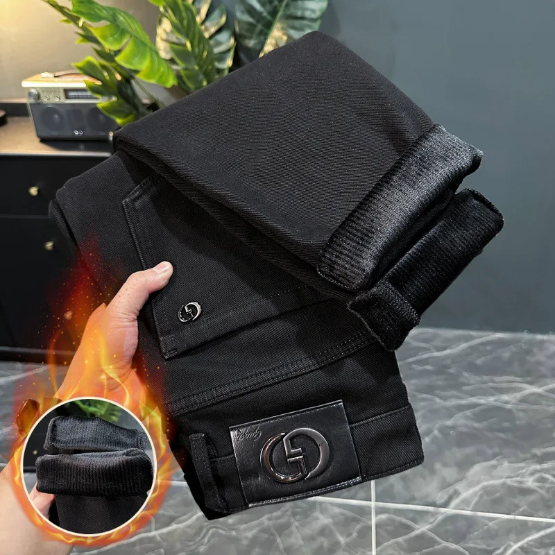 

Бархатные утолщенные джинсы, мужская зима 2025 года, новая теплая мужская одежда, элитные повседневные эластичные облегающие брюки, морозостойкие брюки