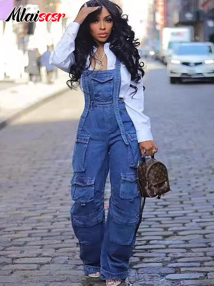 Mlaiscsr Blue Denim Jumpsuits Women Suspenders Straight Long Jeans Pants Loose Sling One Pieces Pockets Streetwear Overalls y2k