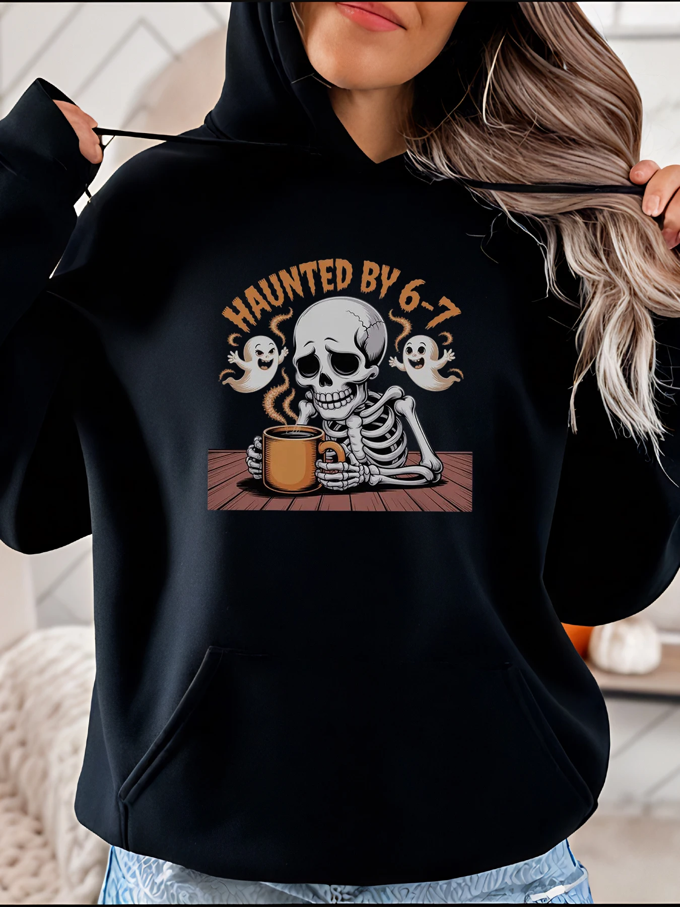 

Hoodie Skeleton Coffee Ghost Print Halloween Funny Design Women's Casual Sweatshirt for Autumn Winter