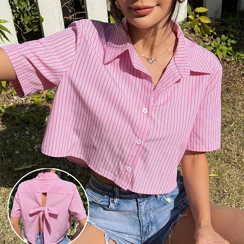 

Trendy Striped Back Bow Bandage Women Shirts Summer New Lapel Hollow Out Short Sleeve Blouses Casual Vocation Pink Cropped Tops