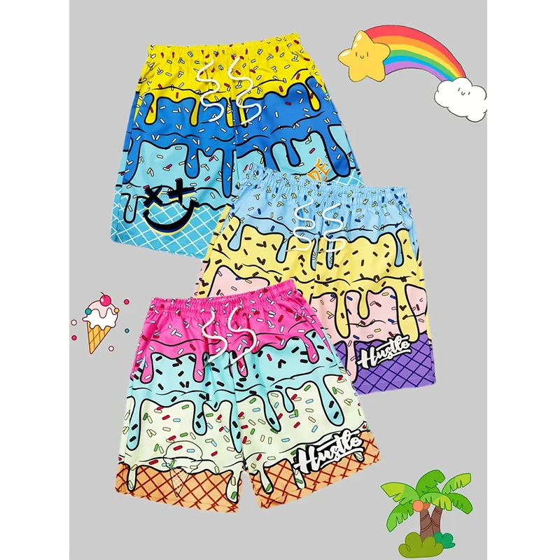 

Trend Ice Cream Graphic Beach Shorts For Men Fashion Summer Cool 3D Print Swim Trunks Loose Streetwear Hip Hop Kids Short Pants