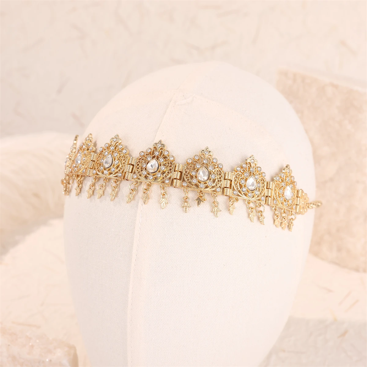 Golden Color Moroccan Women Hair Jewelry Hair Chain Forehead Chain Arabic Bride Wedding Jewelry Elegant Crystal Metal Headbands