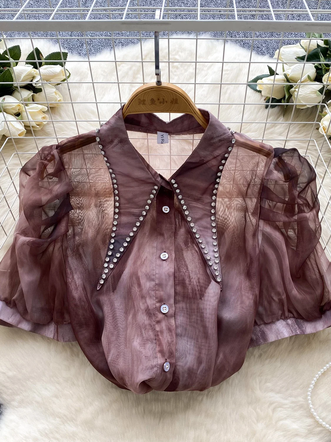 

Ele Heavy Embellied Diamond Pointed Collar Bubble Sve irt Women's Summer Thin Faion Dyed Me Top Korean Sle