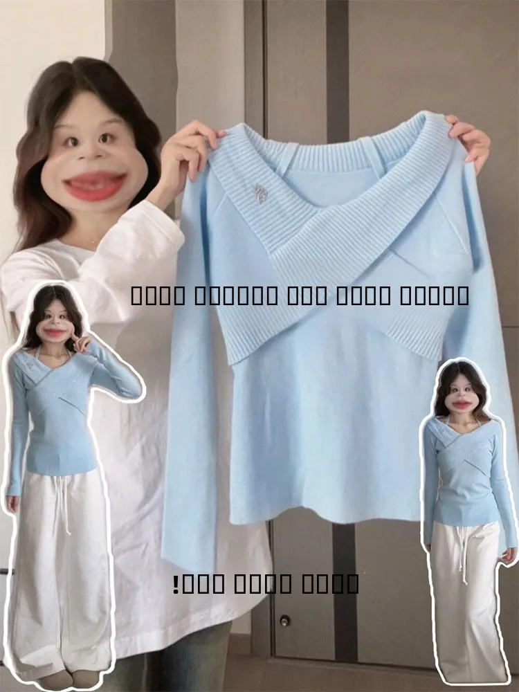 

Корейский синий вязаный свитер на одно плечо с вырезом хенли, женский облегающий базовый топ с перекрестным дизайном, осенняя мода