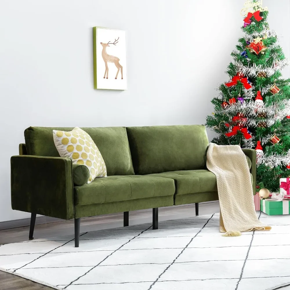

Sofa Mid Century Modern Craftsmanship 3-Seater With Comfy Tufted Back Cushions and 2 Bolster Pillows for Compact Living Room