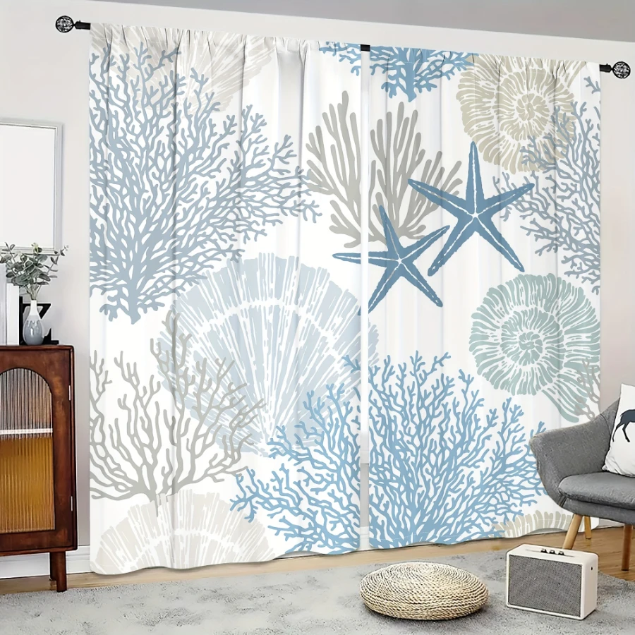 2PCS Digital Printed Curtains, Blue Tone Shell Coral Design, Nautical Ocean Style for Living Room Bedroom Kitchen Home Decor