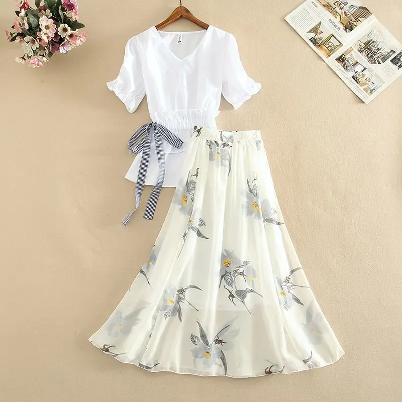 Summer New V-neck Lace Up Waist Pullover Shirt Printing Skirt Sweet Suit Ladies Elegant Fashion Short Sleeve Blouse Skirts Set