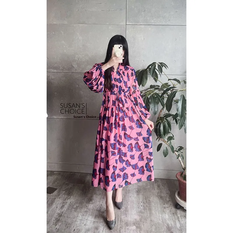 Ele Sweet taille haute Midi Dr avec Bubble Sves rose imprimé fleuri femme fibre de polyester longue Sve printemps été