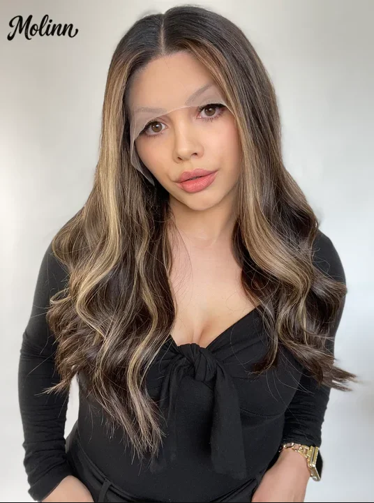 Dark Chestnut Brown Wig Highlights Ombre Balayage Synthetic And Blend For Women Middle Part Realistic Body Wave Wig Elastic Hair