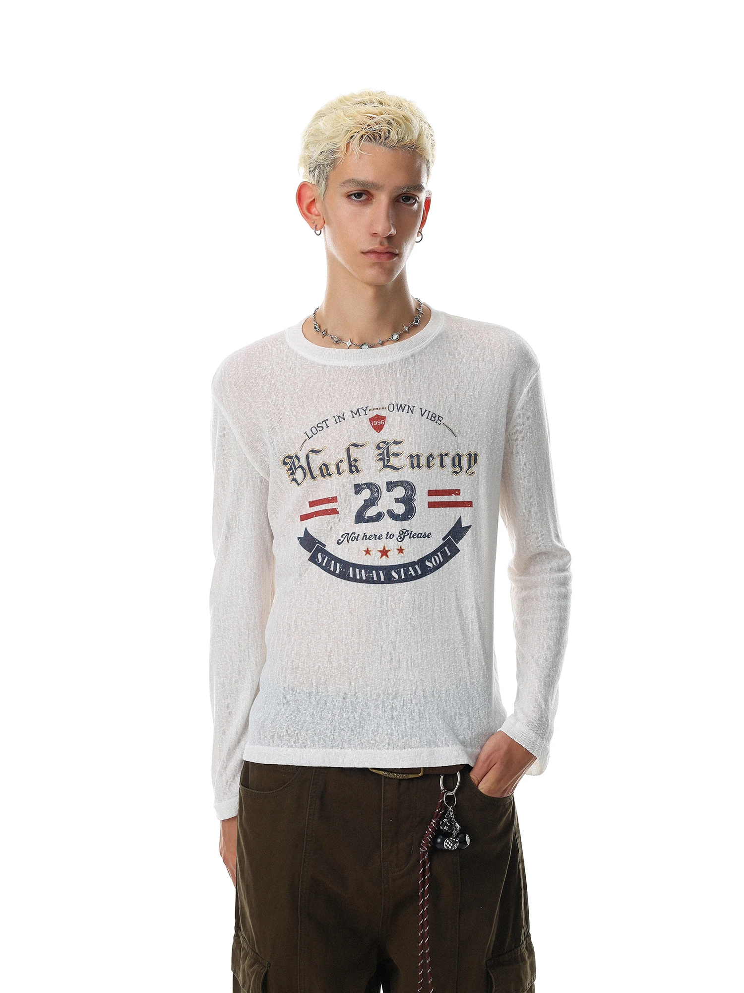 MR NEARLY American Retro Letter Print Long Sleeve T-Shirt Men's Trendy Loose Fit round Neck Casual Top for All Seasons