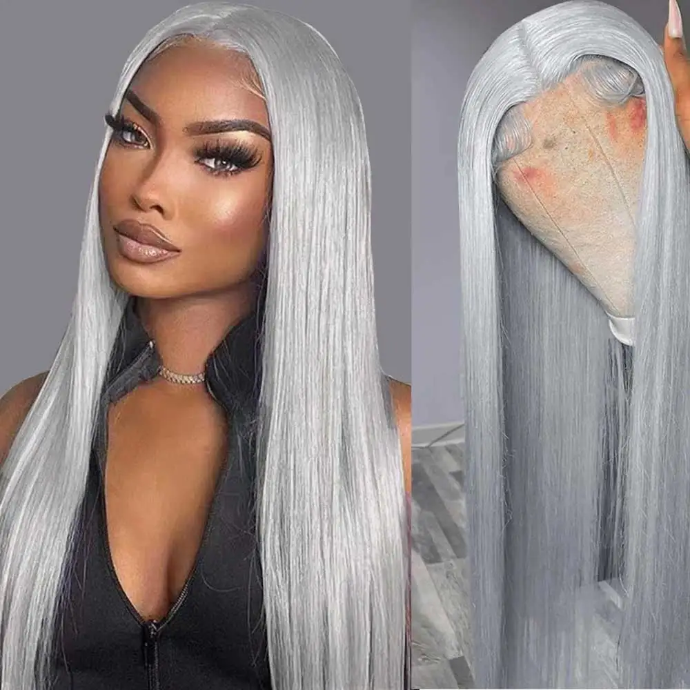 13x4 Straight Lace Front Wig Silver Grey Colored Human Hair Wigs Glueless Brazilian HD Transparent Lace Frontal Wig Human Hair